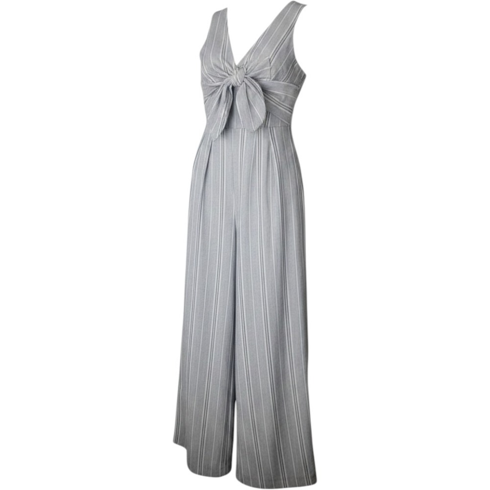 Antonio Melani Blue White‎ Striped Wide Leg Bow Front Jumpsuit Sleeveless V-Neck